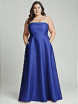 Alt View 1 Thumbnail - Cobalt Blue Strapless Bias Cuff Bodice Satin Gown with Pockets