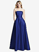 Alt View 3 Thumbnail - Cobalt Blue Strapless Bias Cuff Bodice Satin Gown with Pockets