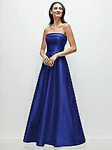 Front View Thumbnail - Cobalt Blue Strapless Bias Cuff Bodice Satin Gown with Pockets