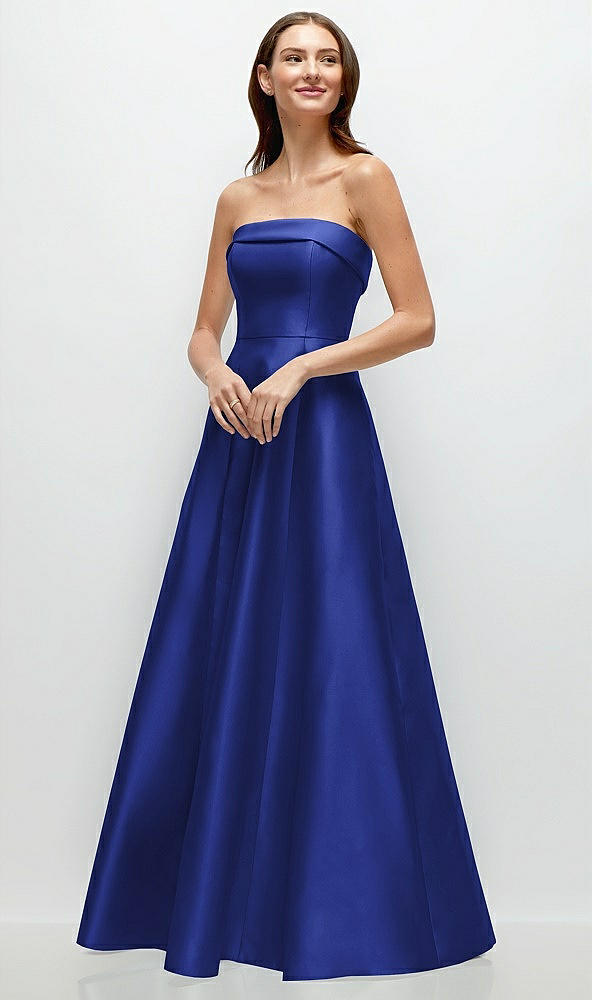 Front View - Cobalt Blue Strapless Bias Cuff Bodice Satin Gown with Pockets