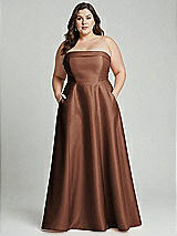 Alt View 1 Thumbnail - Cognac Strapless Bias Cuff Bodice Satin Gown with Pockets