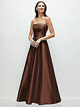 Front View Thumbnail - Cognac Strapless Bias Cuff Bodice Satin Gown with Pockets