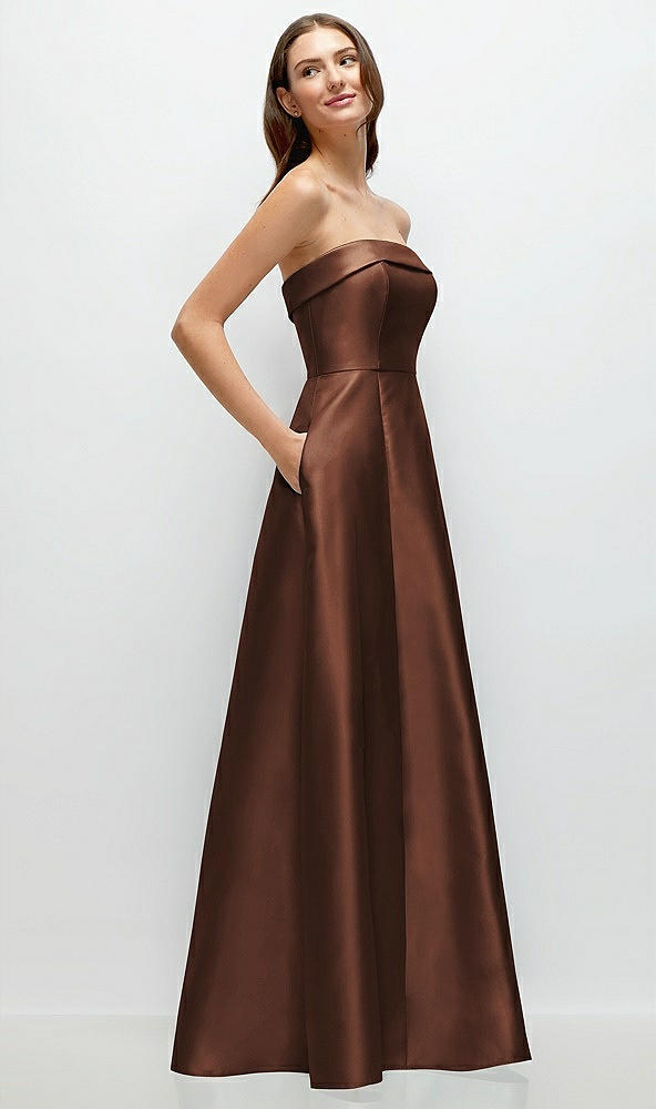 Back View - Cognac Strapless Bias Cuff Bodice Satin Gown with Pockets