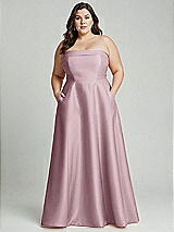 Alt View 1 Thumbnail - Dusty Rose Strapless Bias Cuff Bodice Satin Gown with Pockets