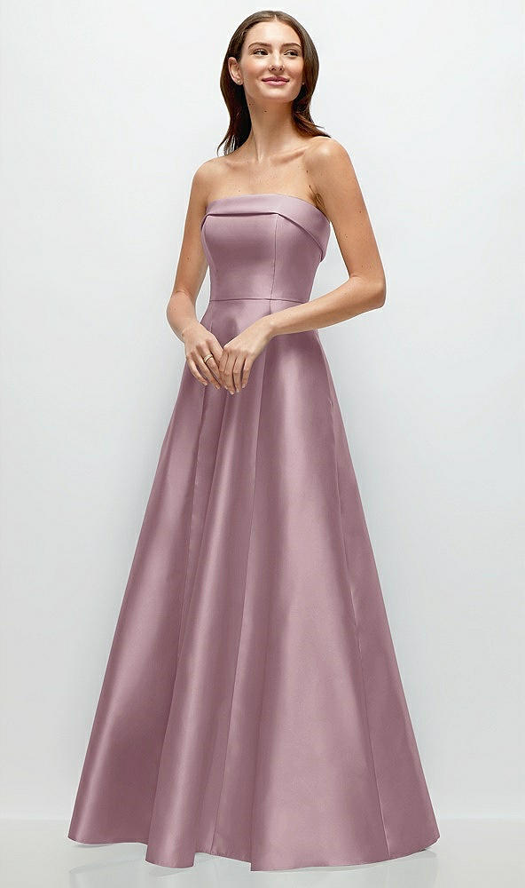 Front View - Dusty Rose Strapless Bias Cuff Bodice Satin Gown with Pockets