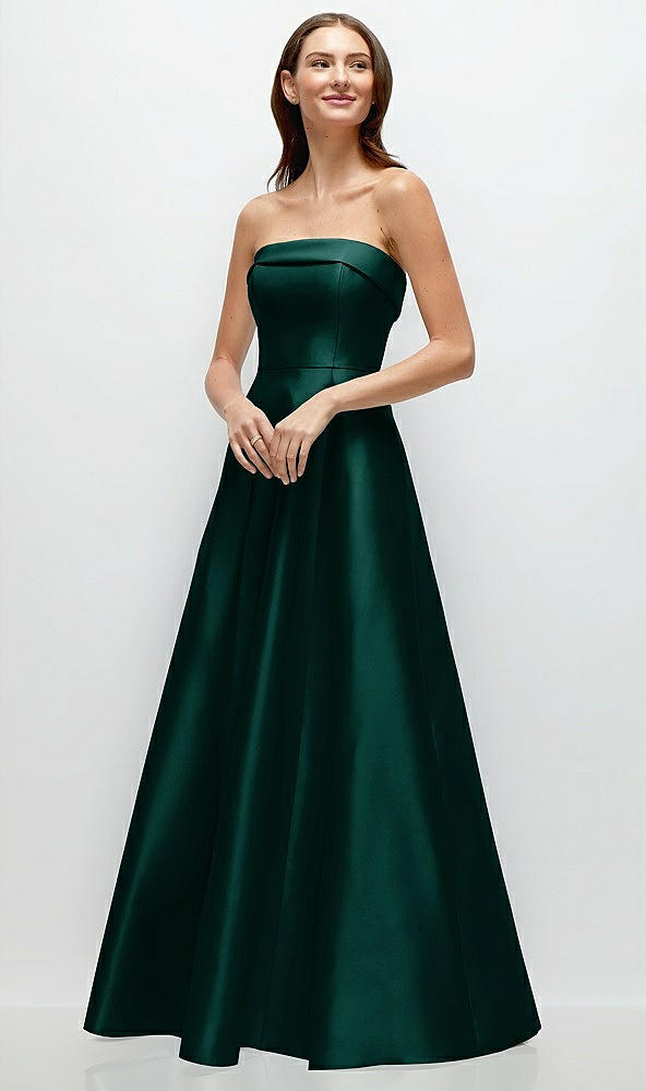 Front View - Evergreen Strapless Bias Cuff Bodice Satin Gown with Pockets