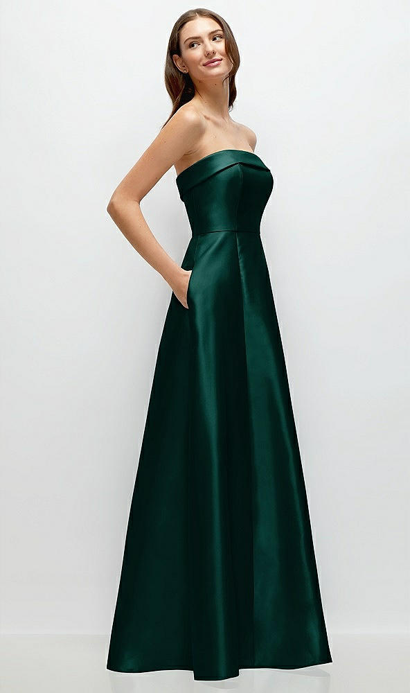 Back View - Evergreen Strapless Bias Cuff Bodice Satin Gown with Pockets