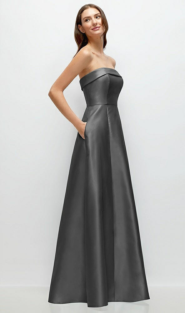 Back View - Gunmetal Strapless Bias Cuff Bodice Satin Gown with Pockets