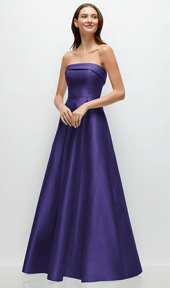 Front View - Grape Strapless Bias Cuff Bodice Satin Gown with Pockets