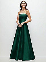 Front View Thumbnail - Hunter Green Strapless Bias Cuff Bodice Satin Gown with Pockets