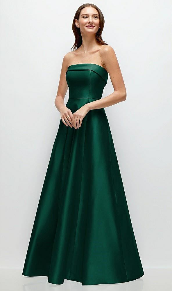 Front View - Hunter Green Strapless Bias Cuff Bodice Satin Gown with Pockets