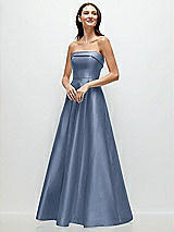 Front View Thumbnail - Larkspur Blue Strapless Bias Cuff Bodice Satin Gown with Pockets