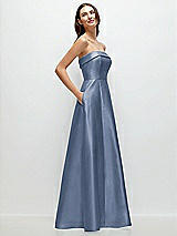 Rear View Thumbnail - Larkspur Blue Strapless Bias Cuff Bodice Satin Gown with Pockets