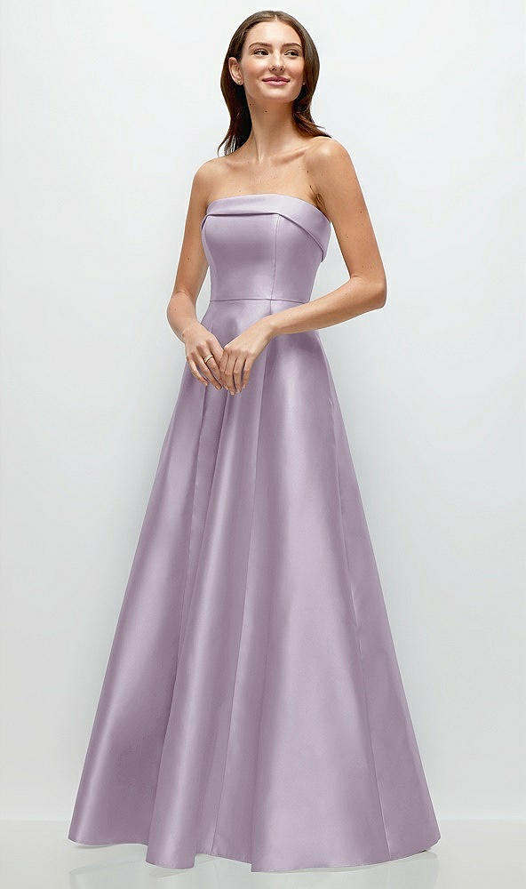 Front View - Lilac Haze Strapless Bias Cuff Bodice Satin Gown with Pockets