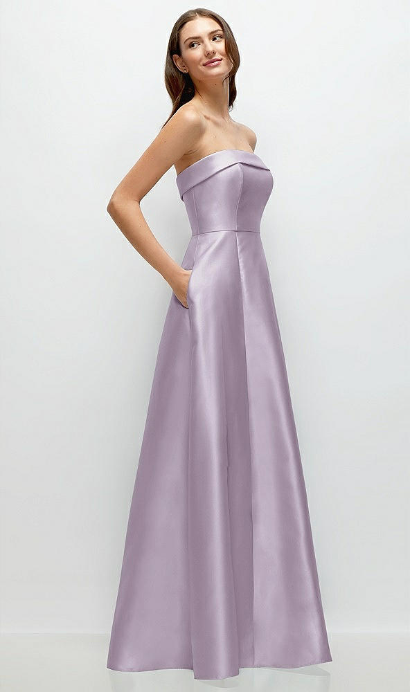 Back View - Lilac Haze Strapless Bias Cuff Bodice Satin Gown with Pockets