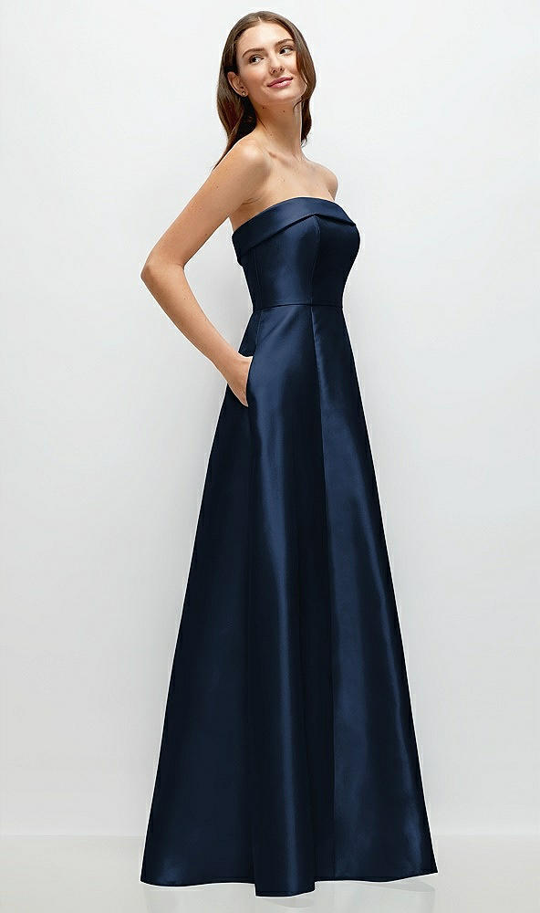 Back View - Midnight Navy Strapless Bias Cuff Bodice Satin Gown with Pockets