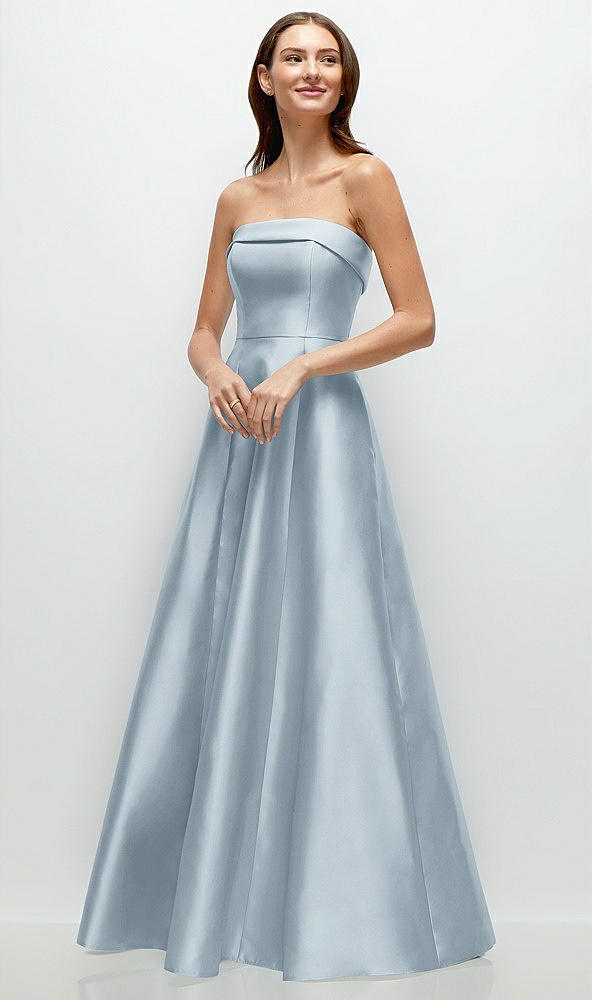 Front View - Mist Strapless Bias Cuff Bodice Satin Gown with Pockets