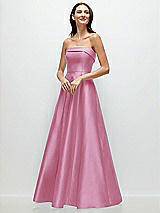 Front View Thumbnail - Powder Pink Strapless Bias Cuff Bodice Satin Gown with Pockets