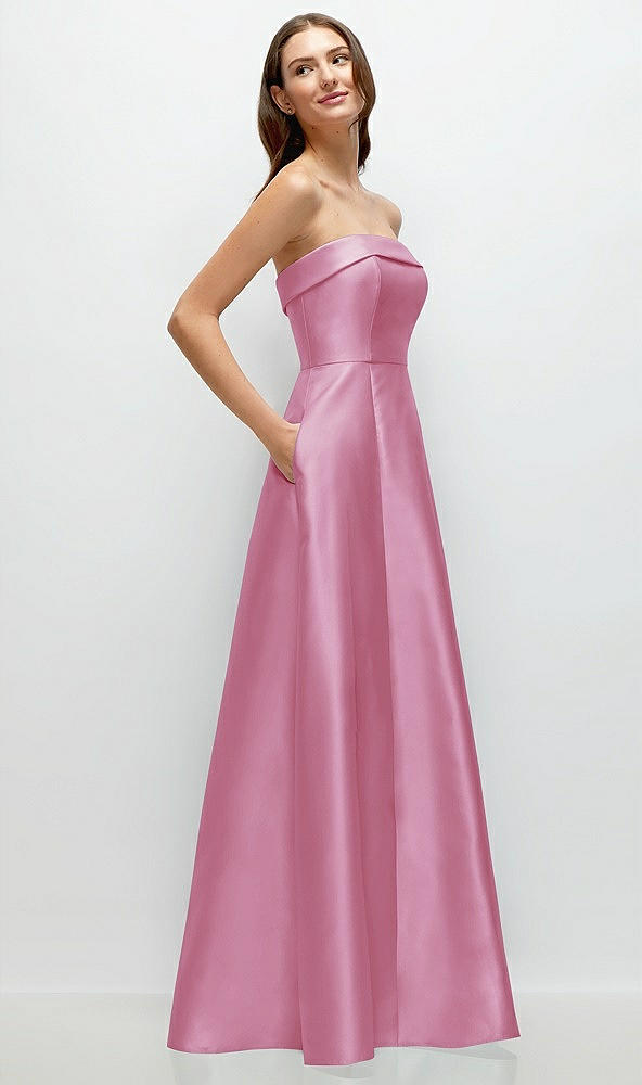 Back View - Powder Pink Strapless Bias Cuff Bodice Satin Gown with Pockets