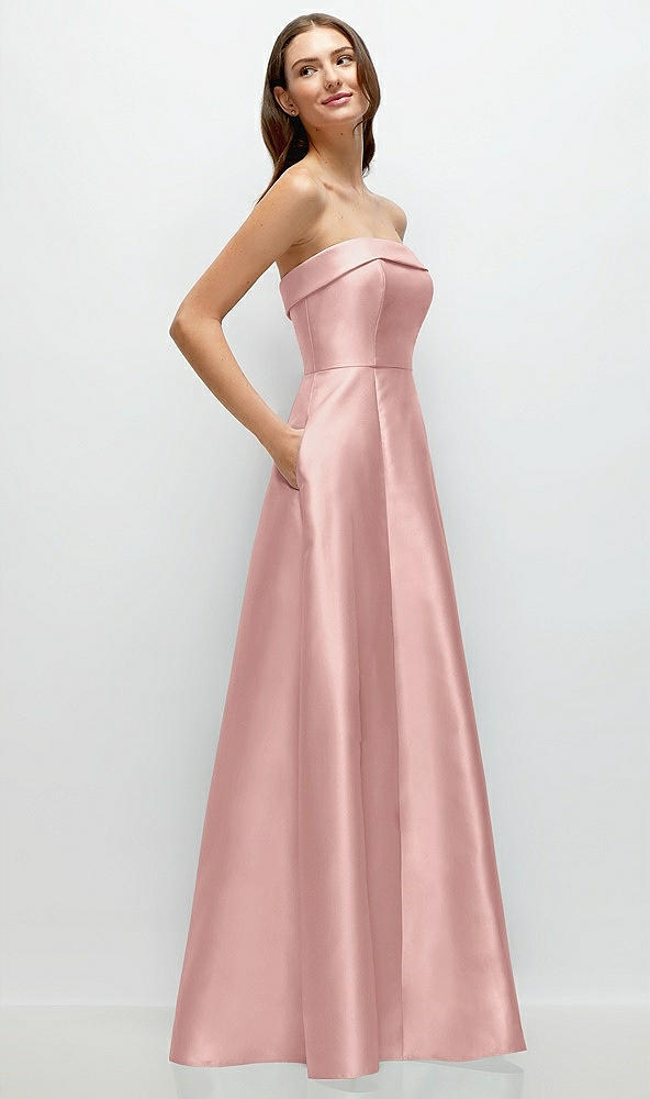 Back View - Rose - PANTONE Rose Quartz Strapless Bias Cuff Bodice Satin Gown with Pockets