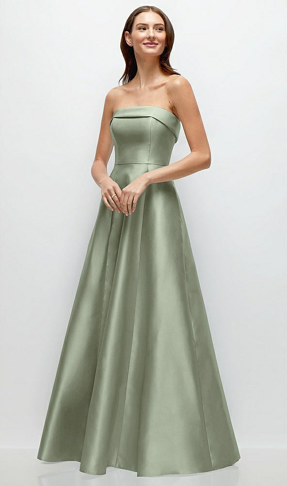 Front View - Sage Strapless Bias Cuff Bodice Satin Gown with Pockets