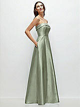 Rear View Thumbnail - Sage Strapless Bias Cuff Bodice Satin Gown with Pockets