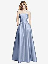 Alt View 3 Thumbnail - Sky Blue Strapless Bias Cuff Bodice Satin Gown with Pockets