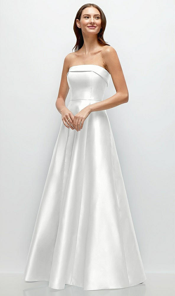 Front View - White Strapless Bias Cuff Bodice Satin Gown with Pockets