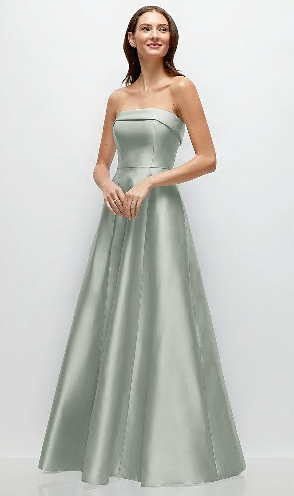 Front View - Willow Green Strapless Bias Cuff Bodice Satin Gown with Pockets