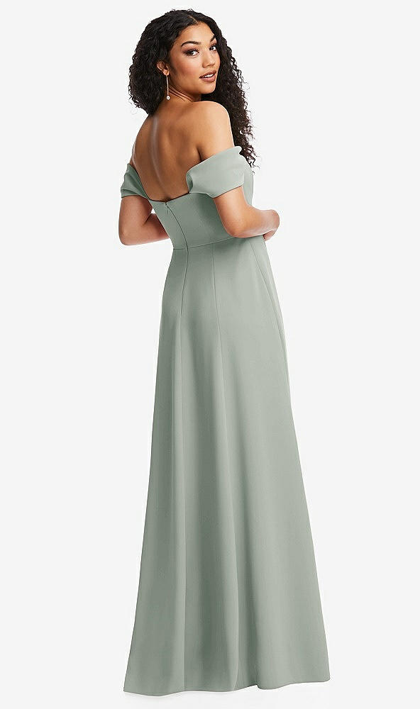 Back View - Willow Green Off-the-Shoulder Pleated Cap Sleeve A-line Maxi Dress