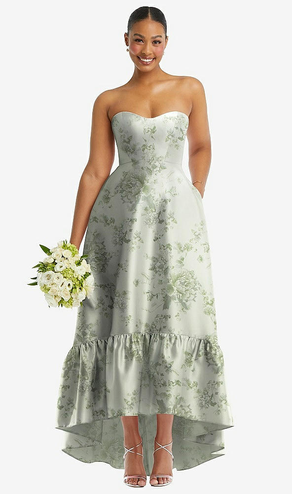 Front View - Sage Cottage Rose Strapless Floral High-Low Ruffle Hem Maxi Dress with Pockets