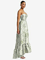 Side View Thumbnail - Sage Cottage Rose Strapless Floral High-Low Ruffle Hem Maxi Dress with Pockets