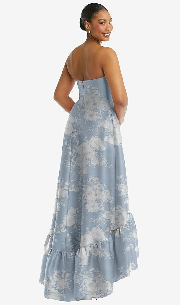 Back View - Porcelain Blue Seraphina Floral Strapless Floral High-Low Ruffle Hem Maxi Dress with Pockets