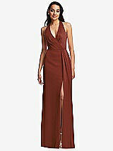 Front View Thumbnail - Auburn Moon Pleated V-Neck Closed Back Trumpet Gown with Draped Front Slit