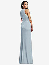 Rear View Thumbnail - Mist Pleated V-Neck Closed Back Trumpet Gown with Draped Front Slit