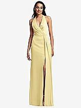 Front View Thumbnail - Pale Yellow Pleated V-Neck Closed Back Trumpet Gown with Draped Front Slit