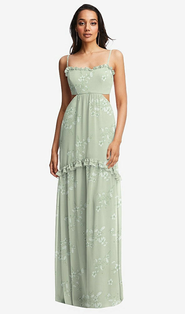 Front View - Vintage Primrose Sage Ruffle-Trimmed Cutout Tie-Back Maxi Dress with Tiered Skirt