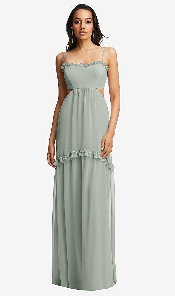 Front View - Willow Green Ruffle-Trimmed Cutout Tie-Back Maxi Dress with Tiered Skirt