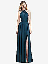 Front View Thumbnail - Atlantic Blue Halter Cross-Strap Gathered Tie-Back Cutout Maxi Dress