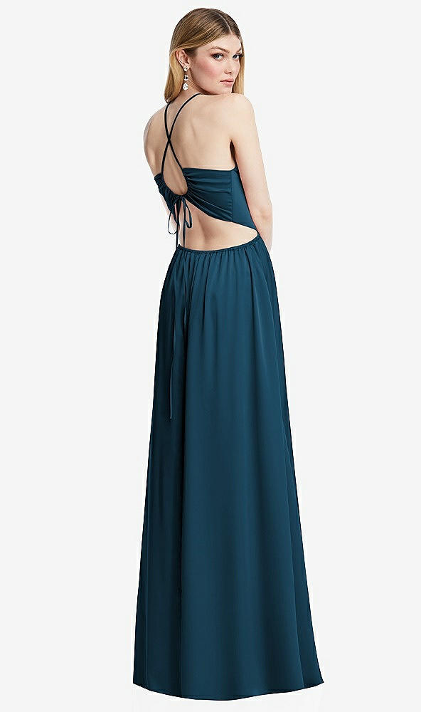 Back View - Atlantic Blue Halter Cross-Strap Gathered Tie-Back Cutout Maxi Dress