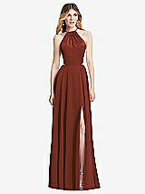 Front View Thumbnail - Auburn Moon Halter Cross-Strap Gathered Tie-Back Cutout Maxi Dress