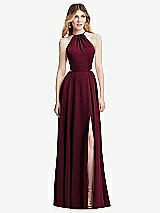 Front View Thumbnail - Cabernet Halter Cross-Strap Gathered Tie-Back Cutout Maxi Dress