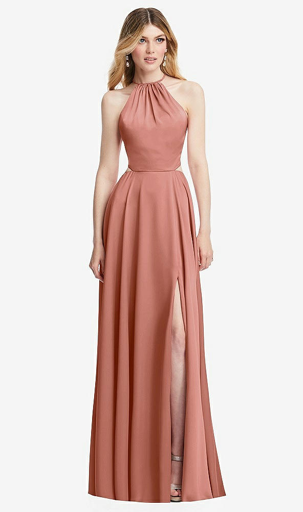 Front View - Desert Rose Halter Cross-Strap Gathered Tie-Back Cutout Maxi Dress