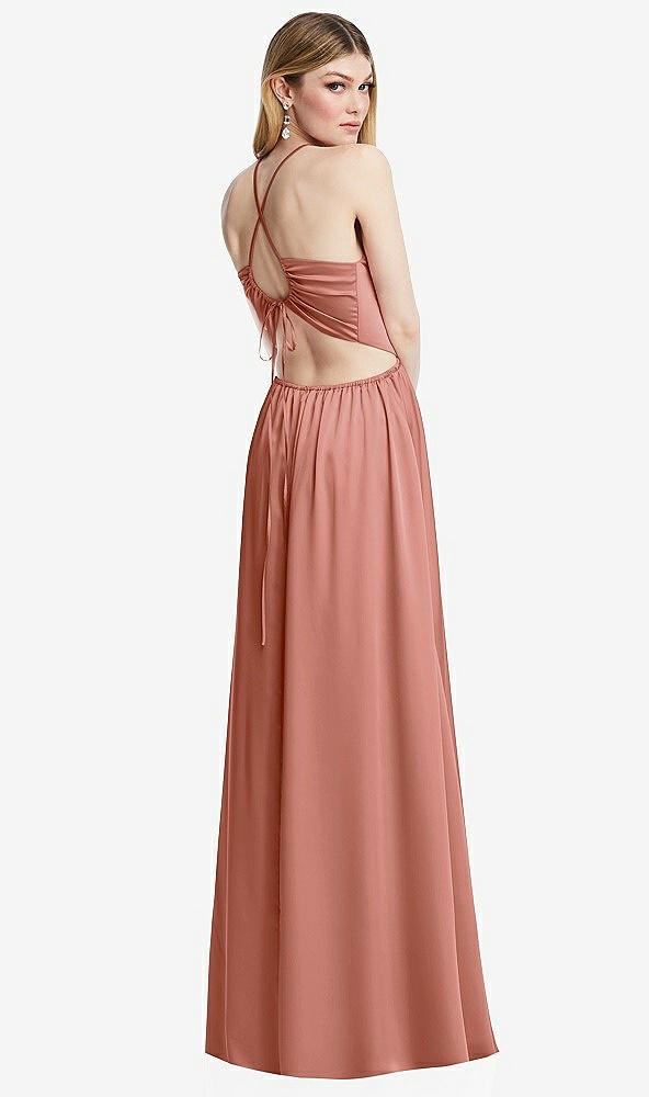 Back View - Desert Rose Halter Cross-Strap Gathered Tie-Back Cutout Maxi Dress