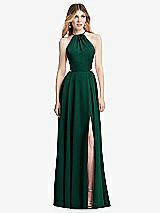 Front View Thumbnail - Hunter Green Halter Cross-Strap Gathered Tie-Back Cutout Maxi Dress