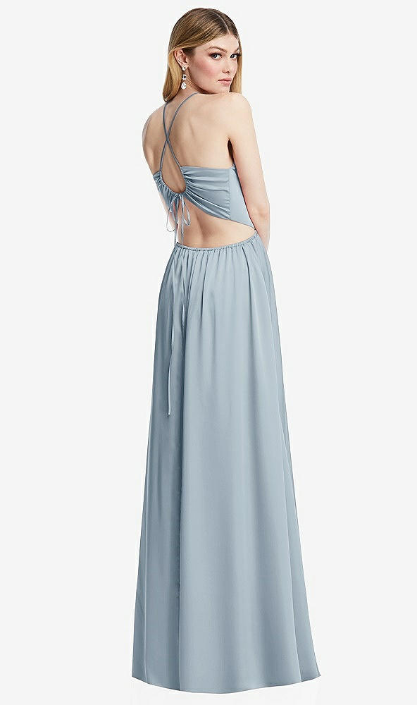 Back View - Mist Halter Cross-Strap Gathered Tie-Back Cutout Maxi Dress