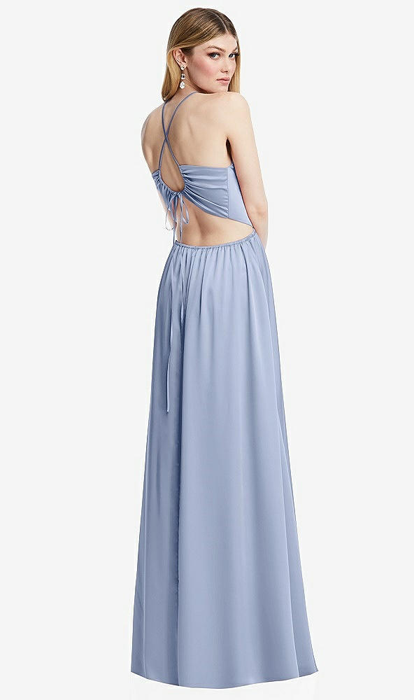 Back View - Sky Blue Halter Cross-Strap Gathered Tie-Back Cutout Maxi Dress