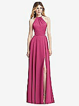 Front View Thumbnail - Tea Rose Halter Cross-Strap Gathered Tie-Back Cutout Maxi Dress