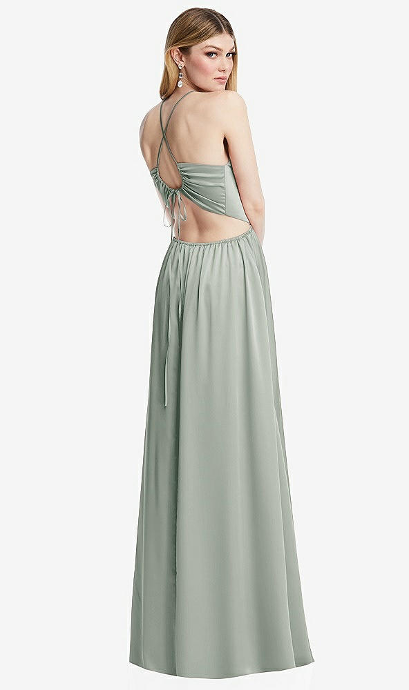 Back View - Willow Green Halter Cross-Strap Gathered Tie-Back Cutout Maxi Dress