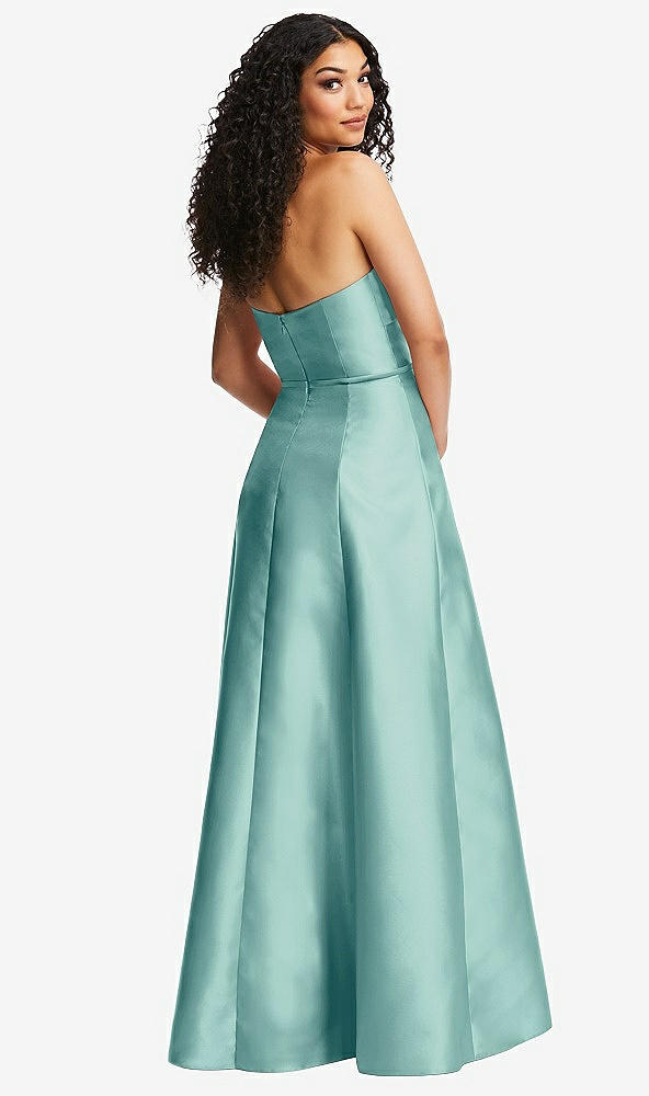 Back View - Coastal Strapless Bustier A-Line Satin Gown with Front Slit